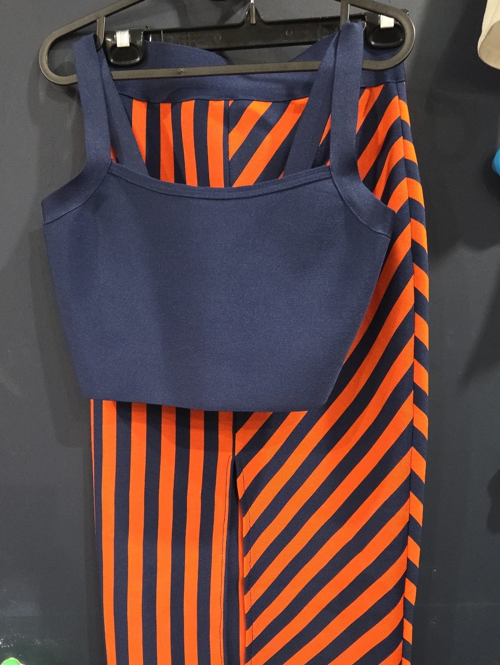 Navy Crop Top with Navy & Orange Striped Skirt